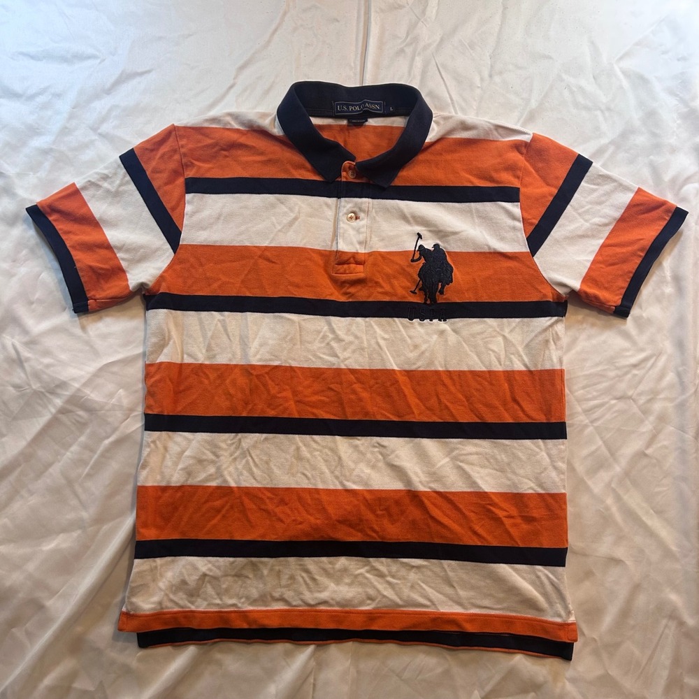 US Polo Assn Mens Orange White Navy Blue Striped Short Sleeve Polo Shirt Large